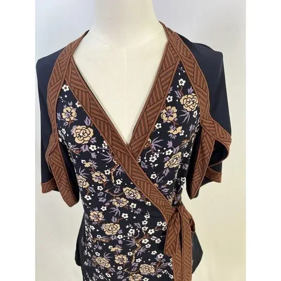 VTG BCBG Gorgeous Y2K Asian Print Kimono Wrap Top Women’s Small Blue Brown - Picture 6 of 11